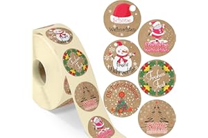 ‎COLORTOUCH colortouch Aufkleber Weihnachten - 500 Stück Kraftpapier Optik Weihnachtsaufkleber - Frohe Weihnachten Sticker - 35 mm Rund Rolle Vintage Selbstklebend Weihnachtssticker für Geschenktüten, Verpackung