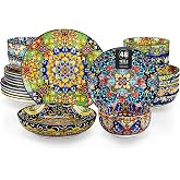 vancasso Boho Dinnerware Set for 12 People, Complete Dinnerware Set 48 Pieces Colorful Porcelain - 12 Dinner Plates, 12 Desse