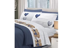 ‎HOMELIFE HomeLife Bettwäsche-Set für französisches Bett, Baumwolle, Bedruckt, Bettwäsche 180 x 300 cm, Bettlaken 120 x 200 cm, Kissenbezug 52 x 82 cm, Blau, 1,5 cm P