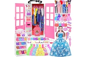 GOLMUD 122 pezzi accessori per gioielli per bambole, armadio con oltre 15 vestiti e accessori, con 1 bambola, giocattolo regalo per bambini a partire da 3 4 5 6 7 8 9 10 anni