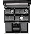 ROTHWELL 10-Slot Watch Box in Leather with Valet Drawer, Luxury Watch Case Display Organizer with Ultra Soft Microsuede Liner, Jewelry and Sunglass Holder With Large Glass top (Black/Grey)