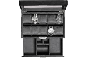 ROTHWELL Scatola porta orologi in pelle a 10 scomparti con cassetto, organizer per orologi di lusso, fodera in micro pelle scamosciata ultra morbida - Scatola Dell'orologio - Scatola Dell'orologio