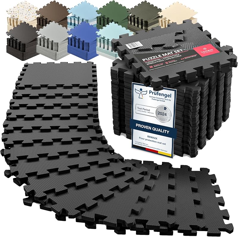 bemaxx Gym Mats Set - 18 pcs EVA Interlocking Foam Floor Tiles (12.6"x12.6"x0.4") 18sqft Protective Gym Flooring Sports Home Workout Exercise Mats Puzzle Garage Fitness Play-Room Pool Treadmill Bike