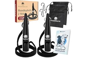 Weidebach® 2 x gwizdek dla psa z głośnym i stałym dźwiękiem do treningu z psem, normalna częstotliwość, przyjemny pasek i ustnik, w zestawie e-book + woreczek na smakołyki do udanego treningu zwrotnego