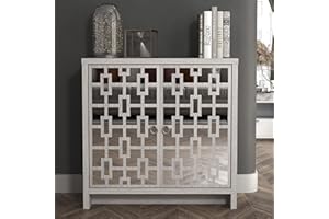 Galano Mollison 2 Door Sideboard – Modern Laser Cut Design with Acrylic Mirror – Storage Cabinet for Living Room, Bedroom, or Kitchen – Dusty Grey Oak