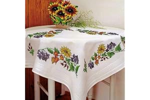 Kamaca Kit de broderie au point de croix avec nappe pré-dessinée en coton Motif fleurs d’été (surnappe 80 x 80 cm)