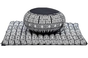 Leewadee Zestaw poduszek do medytacji – 1 okrągła poduszka do jogi Zafu i 1 kwadratowa zwijana mata Zabuton wypełniona ekologicznym kapok