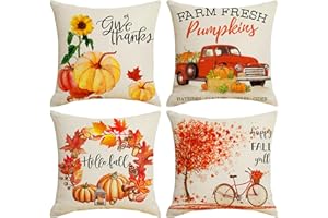 AWCIGG® Zestaw 4 poszewek na poduszkę na jesień 45 x 45 cm, lniane poszewki na poduszki, wzór klonu, dyni, dekoracyjna poszewka na poduszkę na jesień, dożynki, do biura, sypialni, kawiarni, na kanapę,