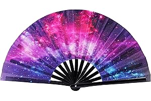 Gionforsy Rave Handfächer aus Bambus, großer Faltfächer mit hellen Farben, Stoff-Faltfächer für Festivals (1 Stück, Stil 4)