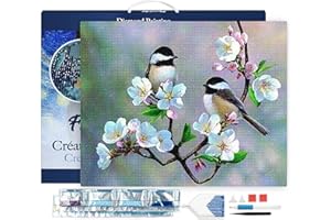 Figured'Art Diamond Painting Art 5D kit completo 40x50cm Tela già Incorniciata Interamente da Ricoprire di Diamonds Quadrati - Uccellini E Fiori Bianchi - Pittura Diamante - Attività Creativa Adulti