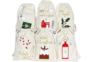 Papierdrachen Geschenkverpackung Weihnachten 2025 - Stoffbeutel 6er Set - 13x18 cm - beige - mit Stickerei in gold - wiederverwendbar zum Befüllen