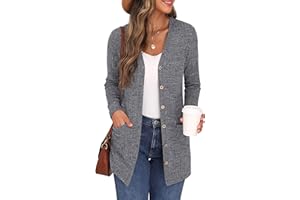 GRECERELLE Damen Leichte Strickjacke Lang mit Taschen und Knöpfen Long Elegant Cardigan V-Ausschnitt Knopfleiste mit Taschen für Damen