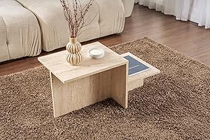 ‎HANAH HOME Modern Rustic Coffee Table, Travertine, 80 x 40 x 40 | Made from 100% Melamine Coated Particle Board, Thickness: 18 mm | Perfect for Modern Home Office & Study Spaces, Elegant and Functional Design