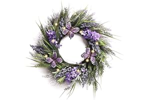 Valery Madelyn Wieniec ze sztucznej lawendy z motylem, duży Ø 40 cm, wieniec na drzwi, wieniec ścienny, wiosenna dekoracja, dekoracja ze sztucznych kwiatów do domu, na imprezę, drzwi, wesele, prezent