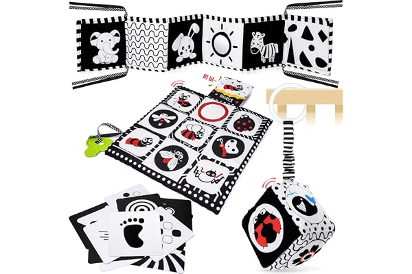 HappyKidsClub Svartvitt kontrastbok med kontrastkort, Baby Sensorik kontrastleksak 0-12 månader, bebispresent pojke flicka barnvagnskedja, Montessori-leksak