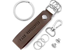 FABACH Skórzany breloczek do kluczy z wymiennym kółkiem na klucze w pudełku prezentowym – breloczek do kluczy z ostrożnym grawerunkiem – prawo jazdy samochodem i motocyklem, Braunes Leder (brązowy) - FB_LEA_B_FV