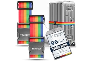 Travely® Lot de 2 sangles de valise de qualité supérieure, particulièrement attrayante et sûre, avec 2 étiquettes à bagage, sangle de bagage idéale en croix, multicolore