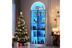 FREDEES Display Cabinet with Doors and Adjustable Shelves, 76" Tall Display Case with LED Lights/Arch Storage Space, 6 Tier Bookcase for Collectibles Bedroom Living Room Office, White