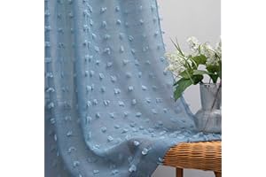 KOUFALL Grau-blaue Vorhänge für Baby-Kinderzimmer, Boho-Pom-Pom, lichtfilterend, durchscheinend, Vintage-Landhaus-Fenstervorhänge für Wohnzimmer, 160 cm Länge, 2 Paneele