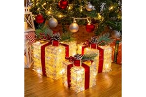 SANHSEHOME 3er Set LED Geschenkbox Weihnachten, Beleuchtete Deko Geschenke mit 60 LEDs, 8 Lichtmodi & Timer, Weihnachtsdeko mit Stecker für Innen & Außen, Weihnachtsbaum Fenster Garten (Rot)