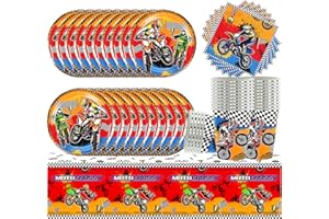 DOYOMTOY Motorcycle Partygeschirr Kindergeburtstag, 61Pcs Off-Road Vehicle Birthday Party Supplies, Junge Gebutstag Partyzubehör,Teller Tassen Servietten Tischdecke, Set Table Decoration 20 People