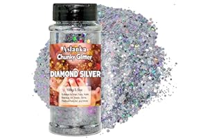 Aslanka 100g Brillo Corporal, Plata Purpurina Gruesa Holográfica, Chunky Glitter Flakes Paillette Brillante Decoración para Cara Maquillaje Pelo Arte Corporal Uñas y Hacer Manualidades