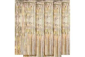 OHIYOO 5 Pack Champagne Gold Foil Fringe Curtain Backdrop, 3.2ft x 8.2ft Metallic Tinsel Foil Fringe Curtains, Tinsel Backdrop Streamers for Birthday Party Decoration Wedding Christmas (Champagne Gold)