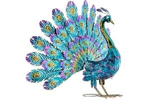 Alpine Corporation 23" Tall Outdoor Metallic Peacock Tail Spread Yard Statue Decoration, Multicolor