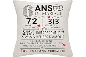 BOMMEX Cadeau 6 Ans de Mariage 6ème Anniversaire de Mariage Housse de Coussin Souvenir Décoration Cadeau pour Couples Parents Femmes Hommes Maman Papa Mari Femme Tante Oncle Amis(6ème Anniversaire)