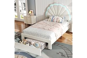 JOVIFY 3ft Single Upholstered Platform Bed Frame with LED Shell Shape Headboard & Storage Drawer/Velvet Fabric/Sturdy Wooden Slat Support/No Box Spring Needed, Youth Bed for Adults Kids Teenagers, Beige
