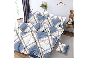 H HANSEL HOME Funda Nordica Cama 150 de 4 Piezas Transpirable Suave al Tacto 100% Microfibra de Poliéster, Funda Edredón 220x240cm, Bajera 150x200cm, 2 Fundas de Almohada 50x90cm-Cudrado Azul Blanco