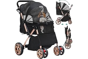 YITAHOME Składany wózek dla małych średnich psów, wózek dla zwierząt domowych z odwracalnym uchwytem, siatkowe okienka, uchwyt na kubek, obracane o 360° koła EVA z hamulcami (czarny)