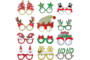 GREATRIL Weihnachtsbrillen Rahmen Glitzer Party Spaß Brillen Gestell für Kinder Erwachsene Foto Requisiten mit Weihnachtsmann Geweih Schneemann Weihnachtsbaum Deko für Weihnachten Party - 12 Stück