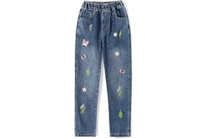 KIDSCOOL SPACE Jeans Ricamati da Bambina,Pantaloni con Fondo in Denim Elasticizzato in Vita da Bambina