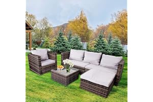 bigzzia Garden Furniture Sets 5 Pieces Wicker Rattan Furniture Manual Wicker Patio Sofa Patio Conversation Sets with 4 Washable Seat Cushions and 1 Tempered Glass Table