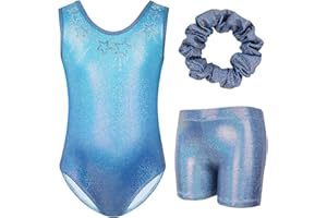 Gogokids Ensemble de gymnastique 3 pièces pour fille, Col en Y, Sans manches, Avec short et bandeau, Tenue de gymnastique dansante, Avec motif blocs de couleurs bleu et violet, 3-12 ans