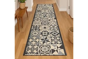 Bravich RugMasters Tiles Grey Rubber Backed Non Slip Machine Washable Very Long Hallway Hall Runner Narrow Rugs Custom Length Stair Mats 2'2"x12'FT (66x366cm)