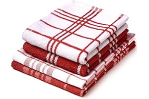 Encasa XO Juegos de paños de Cocina y paños de Cocina Rojo Sin Rizo + Rizo Toallas de Felpa de algodón Altamente absorbentes | 70x45 cm | Multiusos para Lavar Platos y Limpiar Juego de 4