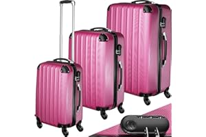 tectake 3 TLG Reisekoffer Set, Hartschalenkoffer Set, Trolley Kofferset, ABS Hartschalen Reisekofferset, Reisetasche, Trolley, Gepäck, Koffer Set, 4 Rollen, 360 Grad drehbar, Teleskopgriff - pink