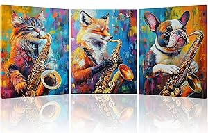 Piy Painting 3 Pièces Tableau Décoration Abstrait-Animals Saxophone-Tableau Sur Toile-Chat, chien et renard-Impression Sur Toile-Art Mural-Tableaux Salon Cuisine Salle De Bain 30×40cm