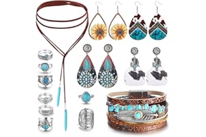 MILACOLATO Joyería Occidental para Mujeres Turquesa Colgante Collar Western Drop Dangle Pendientes Turquesa Faux Cuero Pulseras en Capas Boho Knuckle Rings Set Bohemian Jewelry Set