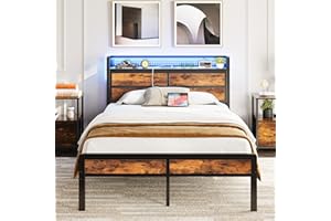 IRONCK Double Bed Frame with Storage Headboard & LED Lights, Platform Bed Frame Double with Charging Station, Metal Bed Frame, UnderBed Storage/Mattress Foundation, Vintage Brown