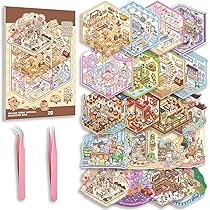 Kunoli Set di 20 adesivi 3D fai da te per la casa, kit di adesivi terapia, antistress, scena creativa con 30 adesivi in PET, 20 cabine in miniatura, 1 pinzetta, regalo per adulti, bambini, ragazze
