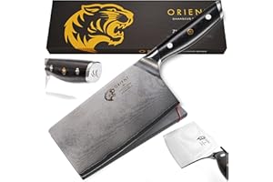 ORIENT Couperet Cleaver 7" - Feuille de Boucher 18cm, Acier Damas Couperet de Cuisine avec protection de lame, Couteau de Chef Chinois Damas, Couteau de Boucher avec coffret cadeau, Couteau hachoir damas