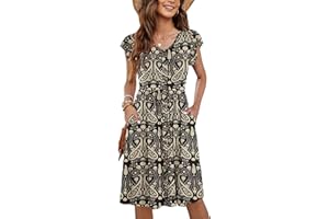 Molerani Damskie letnie sukienki z rękawami z falbankami i dekoltem w kształcie litery V, na co dzień, rozkloszowana, sukienka midi z elastyczną talią i kieszeniami, S-2XL