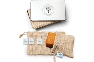 GRÜNE VALERIE NATURKOSMETIK Grünne Valerie eleganckie pudełko prezentowe + worki na mydło XXL (4 sztuki) specjalnie do mydła Aleppo z puszką podróżną – wegańskie i ekologiczne głębokie czyszczenie porów + efekt peelingu – na