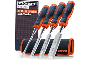 Presch Stechbeitel Set für Holz 4tlg. inkl. Tasche - Fertig geschliffene Stemmeisen (6, 12, 18, 24mm) - Profi Stecheisen mit 25° Keilwinkel mit robuster Metallschlagkappe