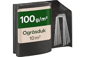 Praknu Markduk Ogräs 10 m² - Ogräsmatta 100 g/m² - Trädgårdsduk 2 x 5 m | Extra rivstark och vattengenomsläpplig, UV-beständig, lätt att skära, 8 markspikar ingår, återvunnen polypropen, för rabatter