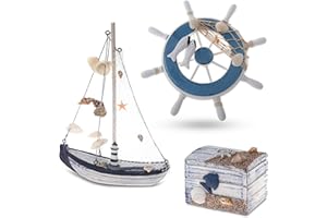 Flanacom Maritime Badezimmer Deko 3er Set - Steuer-Rad, Segel-Schiff und Schatz-Truhe aus Holz - liebevoll gestaltete Badaccessoires mit Details (Design 2-3)