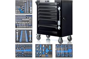 ‎NTG NTG Werkzeugwagen + Werkzeug + 7 Schubladen | 252 Teilig | Schwarz | Davon 6 mit Werkzeug | Abschließbar | Mit Soft Inlays in Carbonoptik | befüllte Schubladen | Werkstattwagen Werkzeugkasten